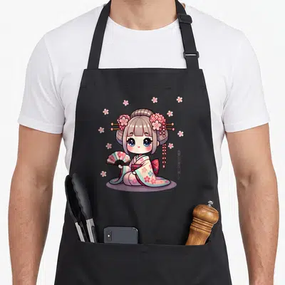 Tablier de cuisine noir avec une illustration de geisha kawaii tenant un parasol et des fleurs de cerisier roses autour.
