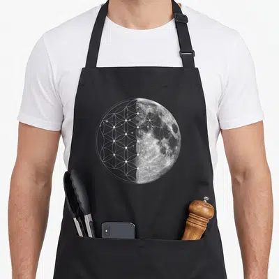 Tablier de cuisine noir avec une illustration blanche combinant une fleur de vie et une lune texturée.