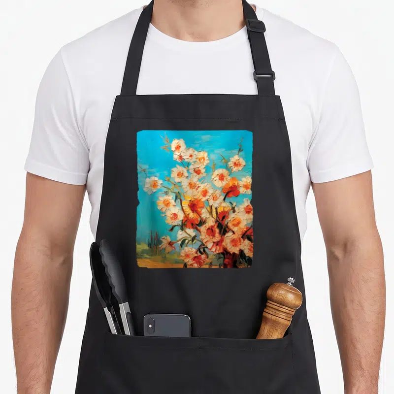 Tablier de cuisine noir avec une illustration colorée d'un amandier en fleurs sur fond bleu turquoise, style peinture à l'huile.