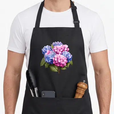 Tablier de cuisine noir avec illustration de bouquets d'hortensias roses et bleus sur fond uni.