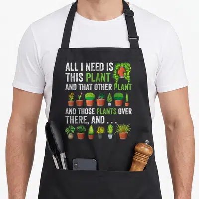 Tablier de cuisine noir avec inscription blanche verte et illustration de sept plantes en pot colorées disposées en deux rangées.