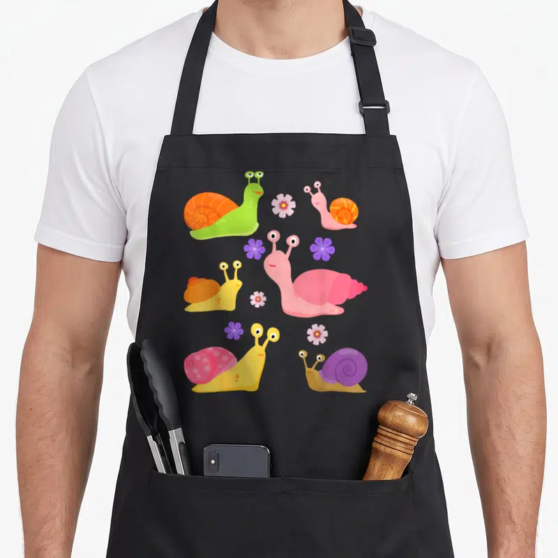 Tablier de cuisine noir avec six escargots colorés et des fleurs roses et violettes en style dessin animé mignon.