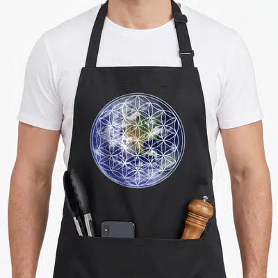 Tablier de cuisine noir avec une planète Terre et un motif de fleur de vie blanc superposé.