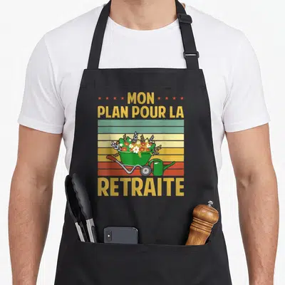 Tablier de cuisine noir avec inscription Mon plan pour la retraite et illustration brouette fleurie vintage