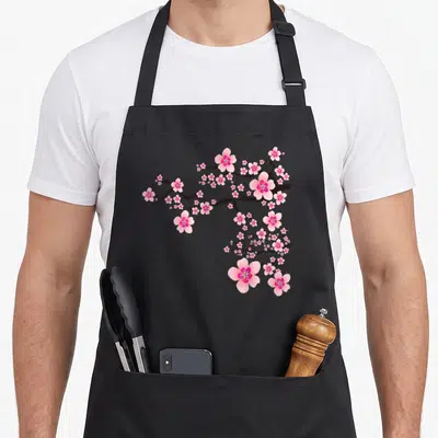 Tablier de cuisine noir avec une illustration de branches de cerisier Sakura aux fleurs roses et détaillées.