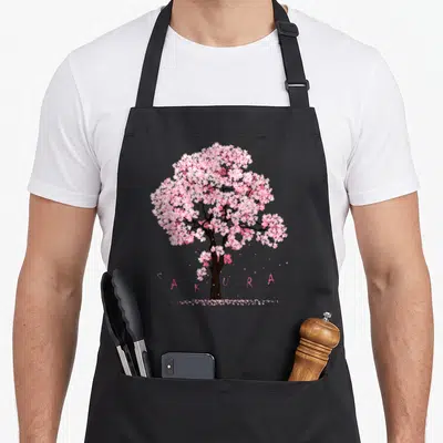 Tablier de cuisine noir avec illustration d'un cerisier en fleurs Sakura rose et texte SAKURA
