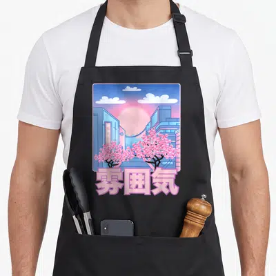 Tablier de cuisine noir avec illustration vaporwave fleurs de cerisier kanji et architecture urbaine pastel.