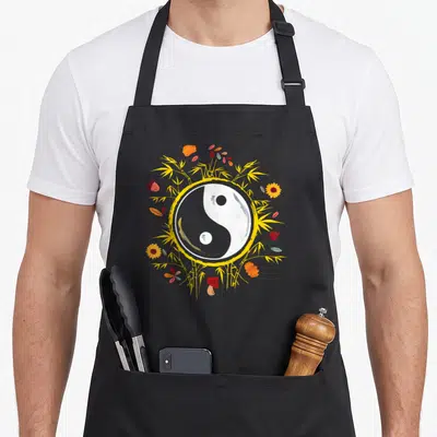 Tablier de cuisine noir avec un grand cercle Yin Yang entouré de bambou jaune, de tournesols et de champignons rouges.