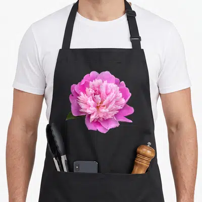 Tablier de cuisine noir avec une grande fleur de pivoine rose aux pétales multiples et une feuille verte sur le côté.