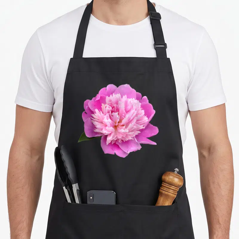 Tablier de cuisine noir avec une grande fleur de pivoine rose aux pétales multiples et une feuille verte sur le côté.