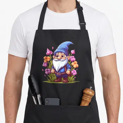 Tablier de cuisine noir avec illustration d'un nain de jardin bleu entouré de fleurs roses et orange.