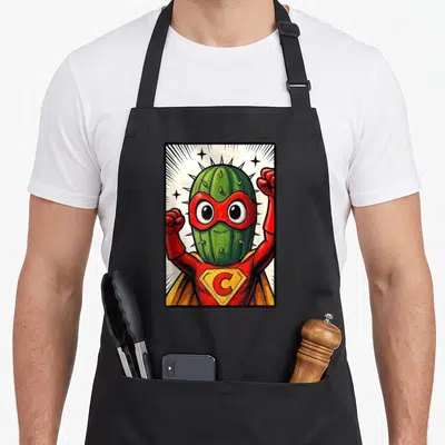 Tablier de cuisine noir avec un super cactus en costume rouge et masque vintage