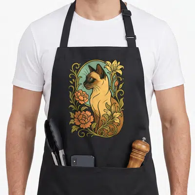 Tablier de cuisine noir avec illustration d'un chat siamois encadré par des fleurs orange et des volutes végétales dorées sur fond turquoise.