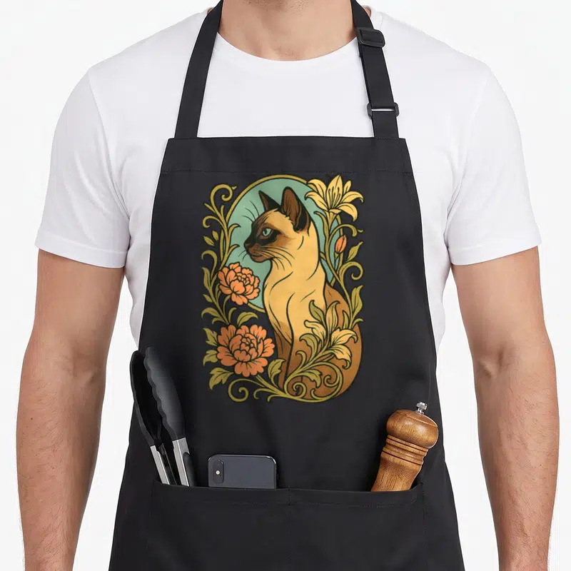 Tablier de cuisine noir avec illustration d'un chat siamois encadré par des fleurs orange et des volutes végétales dorées sur fond turquoise.