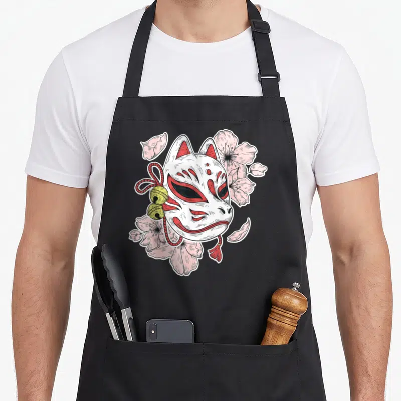 Tablier de cuisine noir avec masque kitsune blanc et rouge, fleurs de cerisier roses et deux cloches dorées suspendues.