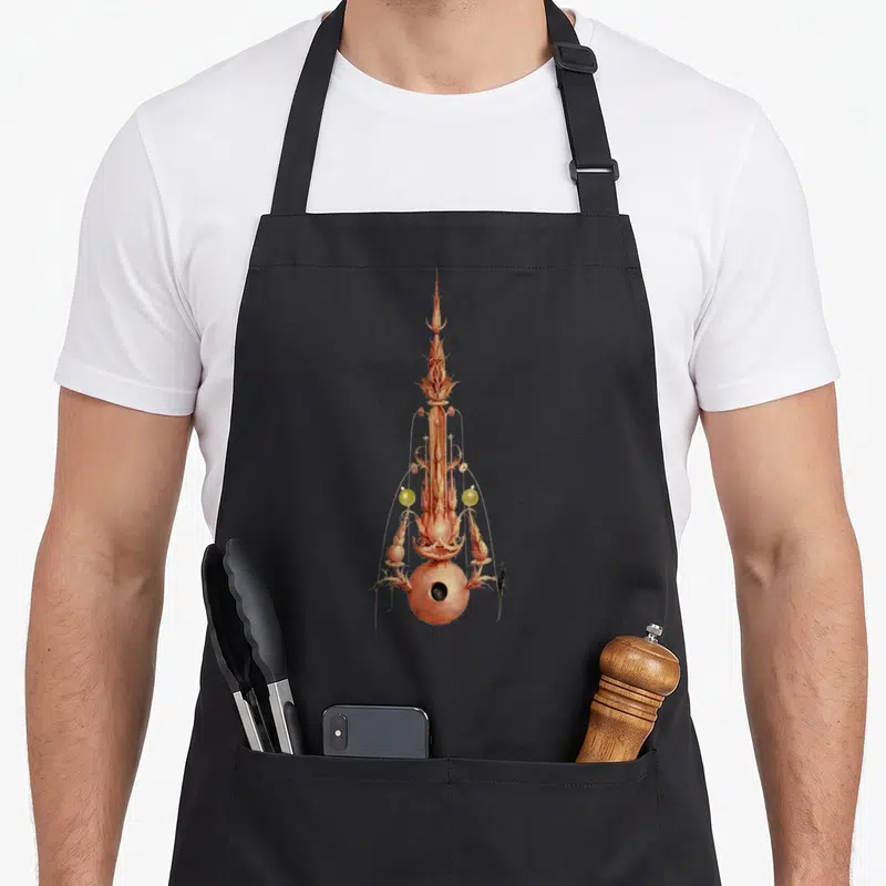 Tablier de cuisine noir avec une illustration rose et orange représentant une tour organique surmontée de fleurs et de sphères.
