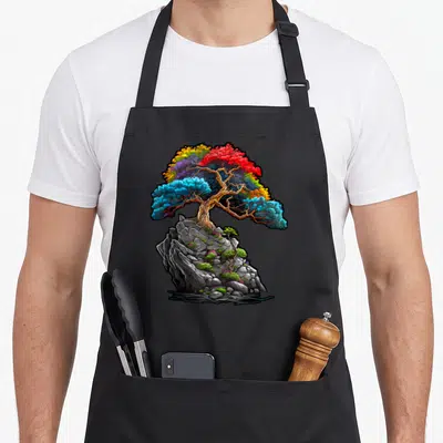 Tablier de cuisine noir avec illustration d'un bonsaï aux feuilles multicolores sur un rocher gris.