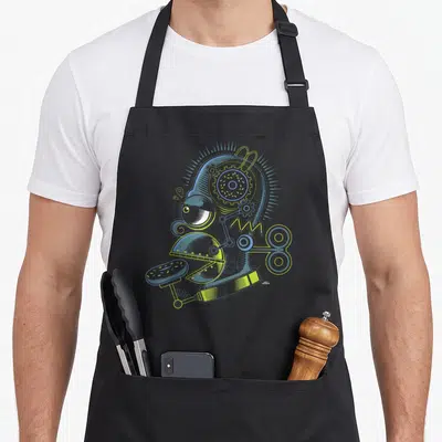 Tablier de cuisine noir avec illustration robotique Homer Simpson tenant un beignet en style schéma technique.