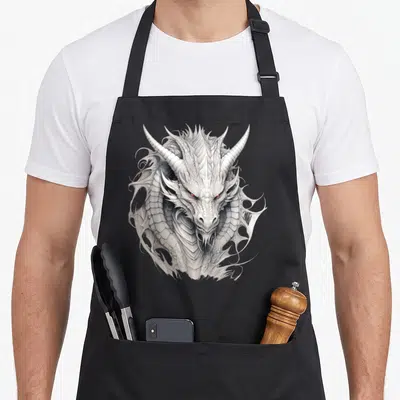 Tablier de cuisine noir avec tête de dragon blanc aux yeux rouges et écailles détaillées.