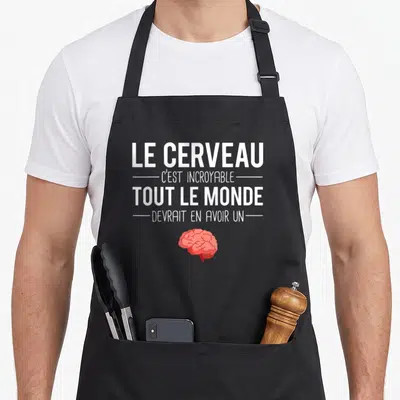 Tablier de cuisine noir avec l'inscription Le cerveau c'est incroyable tout le monde devrait en avoir un et une illustration de cerveau rose.