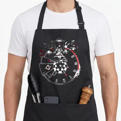 Tablier de cuisine noir avec illustration d'horloge, Alice, lapin blanc et chat du Cheshire en noir blanc et rouge.