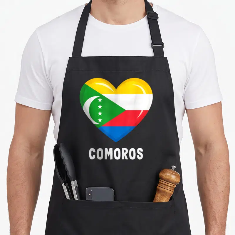 Tablier de cuisine noir avec un grand cœur affichant le drapeau des Comores et l'inscription COMOROS en blanc.