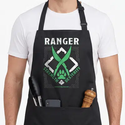 Tablier de cuisine noir avec sabres verts croisés, empreinte de patte et texte Ranger Strength Dexterity en blanc et vert.
