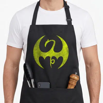 Tablier de cuisine noir avec un logo dragon circulaire jaune aux contours usés et style tribal distinctif.
