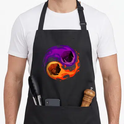 Tablier de cuisine noir avec un dé 20d enflammé et une aura magique violette sur le devant.