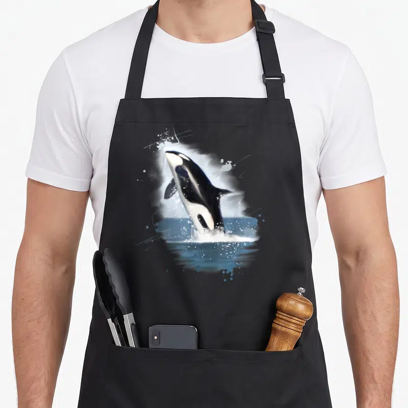 Tablier de cuisine noir orné d'une orque sautant dans l'eau avec le message de protection marine imprimé en dessous.