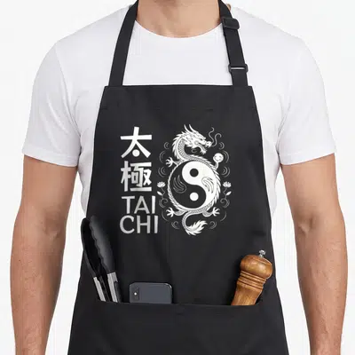 Tablier de cuisine noir avec un dragon blanc enroulé autour d'un symbole Yin Yang et du texte Tai Chi vertical.