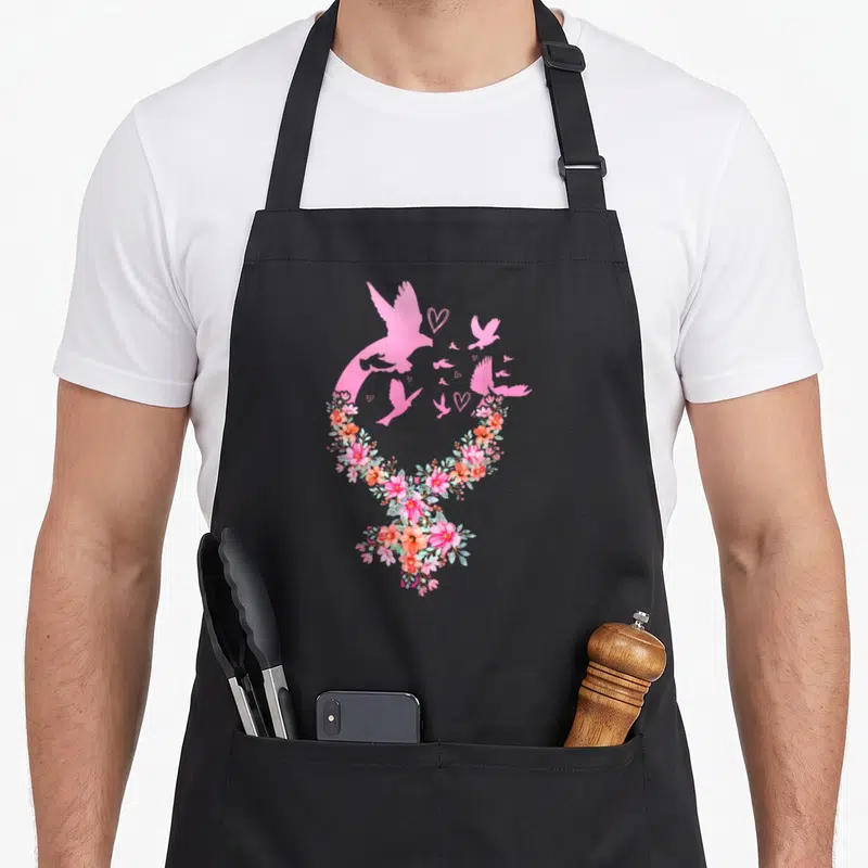 Tablier de cuisine noir avec un symbole féminin composé de fleurs et de colombes roses volantes.