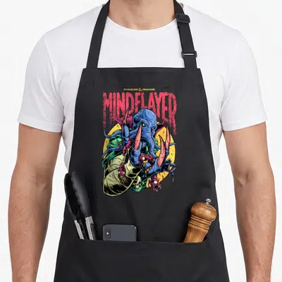 Tablier de cuisine noir avec une illustration colorée d'un Mindflayer aux tentacules bleus et griffes roses sur fond jaune.