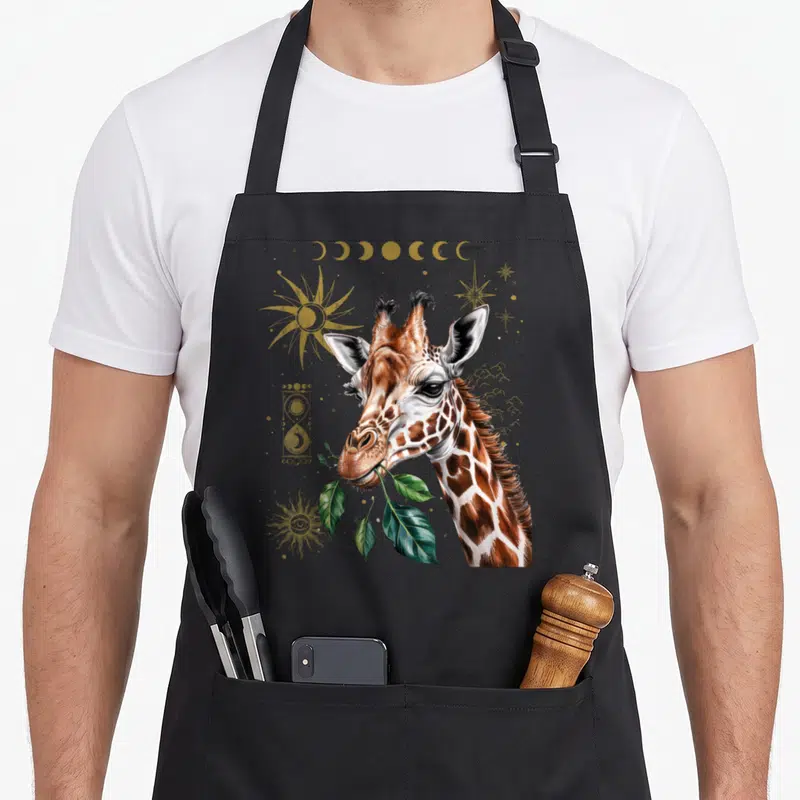 Tablier de cuisine noir avec tête de girafe dévorant des feuilles vertes et motifs astronomiques dorés.