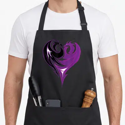 Tablier de cuisine noir avec deux dragons stylisés violet et noir formant un cœur au centre du torse.