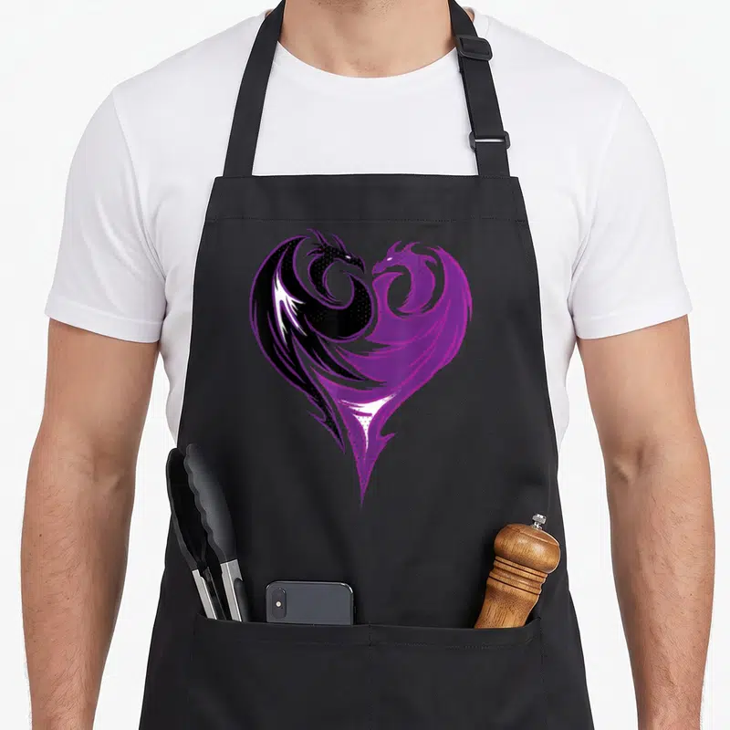 Tablier de cuisine noir avec deux dragons stylisés violet et noir formant un cœur au centre du torse.
