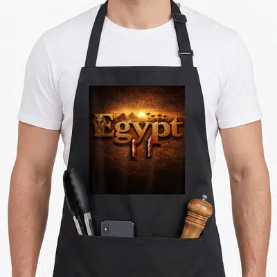 Tablier de cuisine noir avec le mot Egypt en lettres dorées ornées de motifs hiératiques et un décor de pyramides au coucher du soleil.