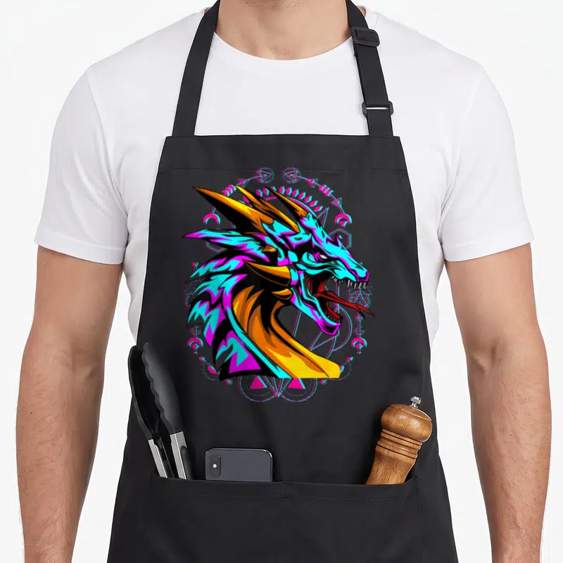Tablier de cuisine noir avec tête de dragon aux couleurs néon et motifs géométriques magiques en arrière-plan.