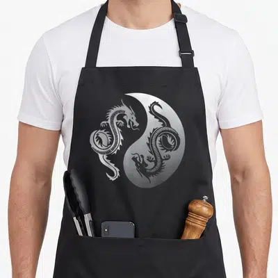 Tablier de cuisine noir avec un grand symbole Yin Yang contenant deux dragons stylisés en nuances de gris.