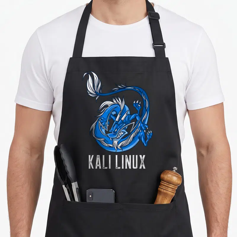Tablier de cuisine noir avec illustration d'un dragon bleu enroulé et le texte Kali Linux en blanc sous l'animal mythique.