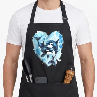 Tablier de cuisine noir avec deux orques noires et blanches se croisant devant un cœur bleu aquarelle.