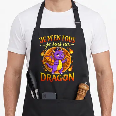 Tablier de cuisine noir avec un dragon violet mignon portant un chapeau de pirate et tenant une torche enflammée.