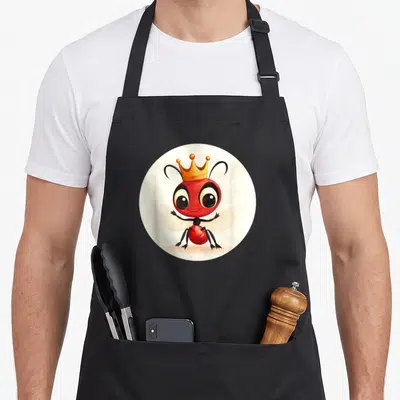 Tablier de cuisine noir avec une reine des fourmis rouge portant une couronne dorée dans un cercle blanc.