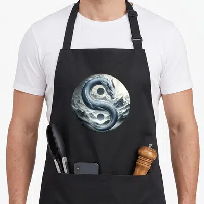 Tablier de cuisine noir avec un dragon blanc formant un cercle Yin Yang au-dessus de montagnes enneigées.