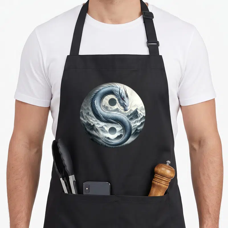 Tablier de cuisine noir avec un dragon blanc formant un cercle Yin Yang au-dessus de montagnes enneigées.