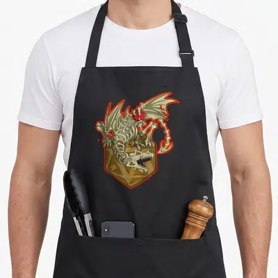 Tablier de cuisine noir avec un dragon squelette tenant une dice rouge au-dessus d'une dice dorée géante.