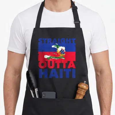 Tablier de cuisine noir avec illustration drapeau Haïti et texte Straight Outta Haïti en bleu et rouge.
