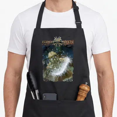 Tablier de cuisine noir avec un personnage fantastique émettant des éclairs lumineux sous le titre Planescape.