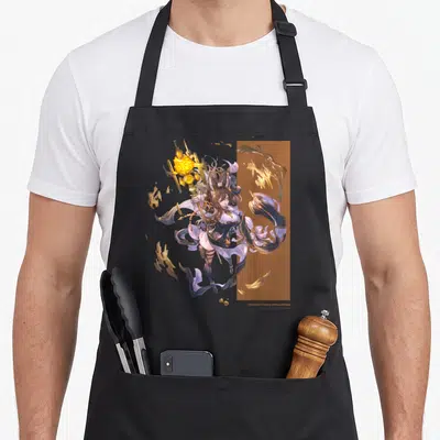 Tablier de cuisine noir avec une illustration de sorcière tenant une baguette dorée et des éléments magiques flottants.