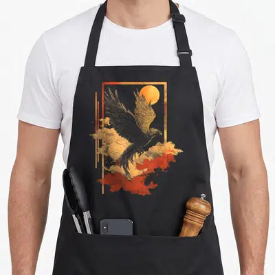 Tablier de cuisine noir avec illustration d'un phoenix aux ailes déployées dans un cadre géométrique orange et rouge.